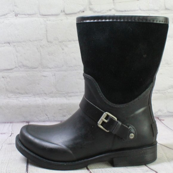 UGG Shoes - UGG Reignnfall Black Rubber Gray Wool Like Fabric Mid Calf Rain Boots Size 6